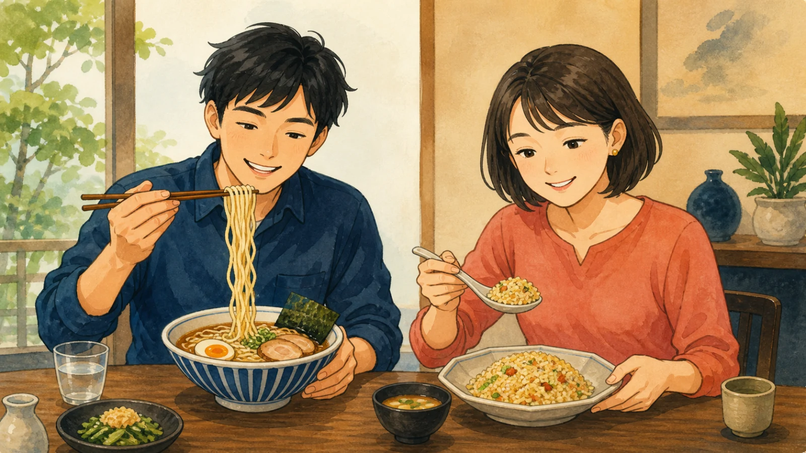 ラーメンは箸、チャーハンはスプーンで食べ、料理に合う道具を使う二人のイラスト