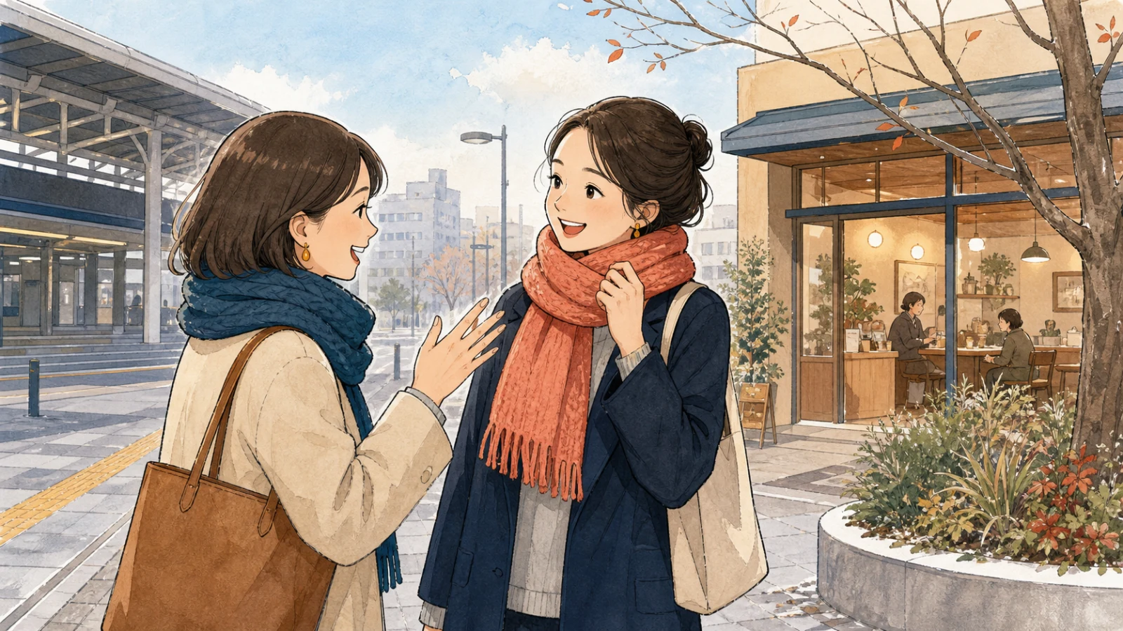 寒い朝に駅前で待ち合わせをし、新しいマフラーについて話す二人のイラスト
