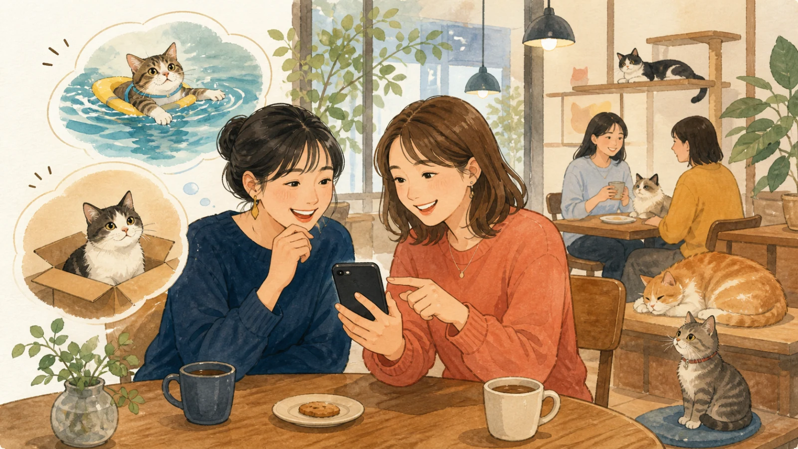 猫カフェで、泳ぐ猫や箱に入る猫の動画を見ながら話す友達二人のイラスト