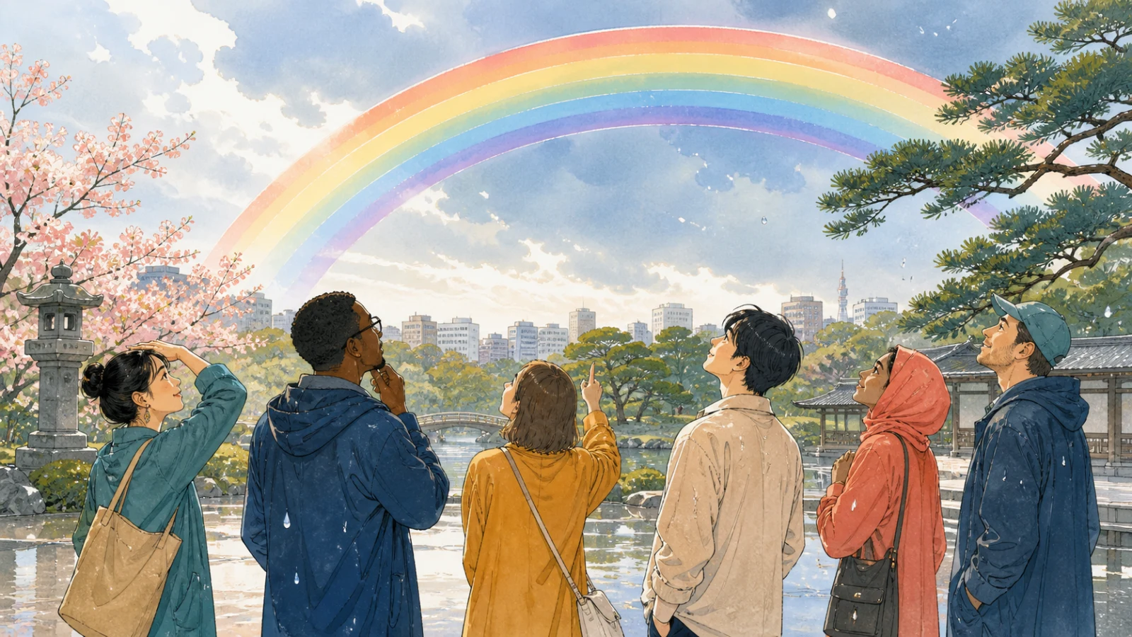 雨上がりの公園で、空に広がる虹を見上げる人々のイラスト