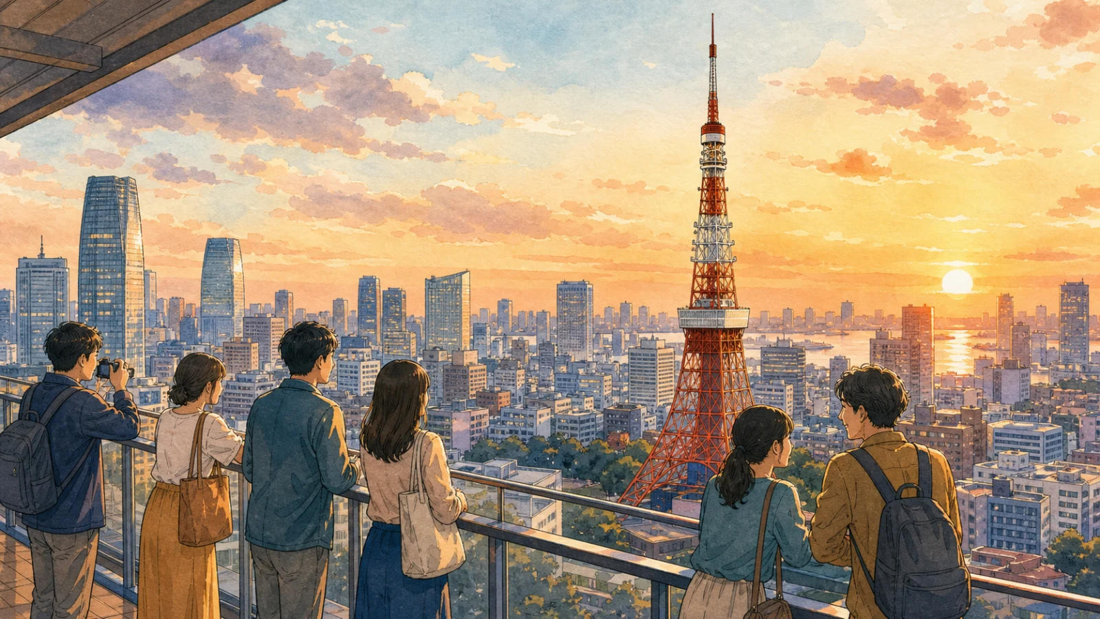 東京の街を見渡す赤と白の電波塔と展望台を訪れる人々のイラスト