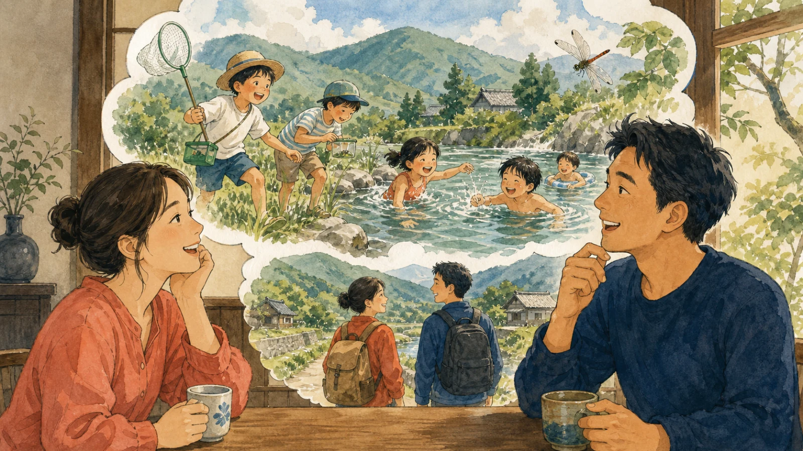 山で虫を取り川で泳いだ田舎の子ども時代を思い出す友人二人のイラスト