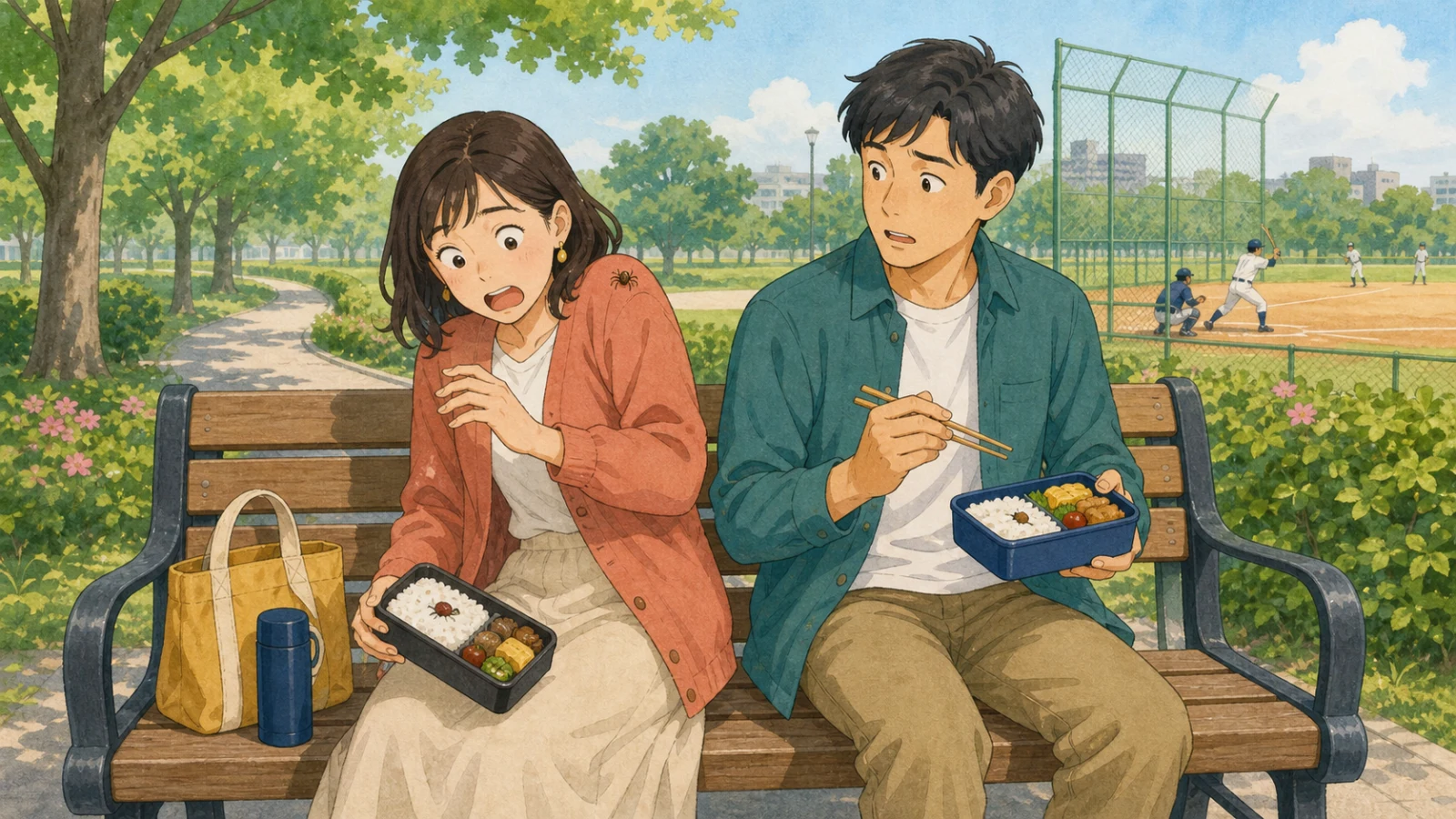 公園のベンチに座って昼食をとる二人と、リンさんの肩に落ちてきたクモのイラスト