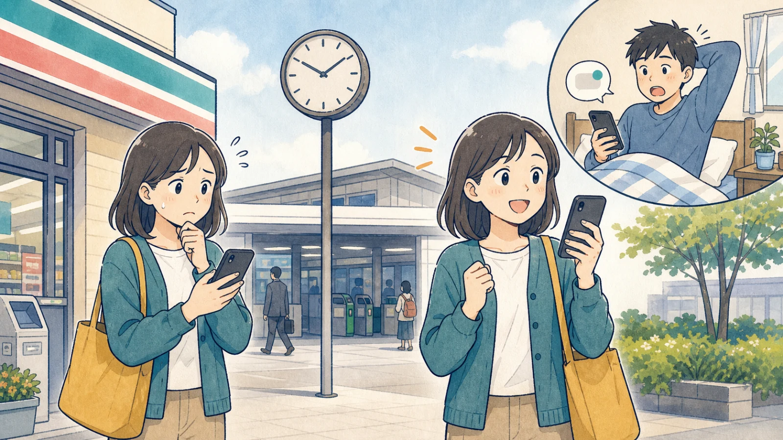 駅前で待ち合わせ相手を心配していた人が、寝坊した友人からの連絡を見て安心するイラスト