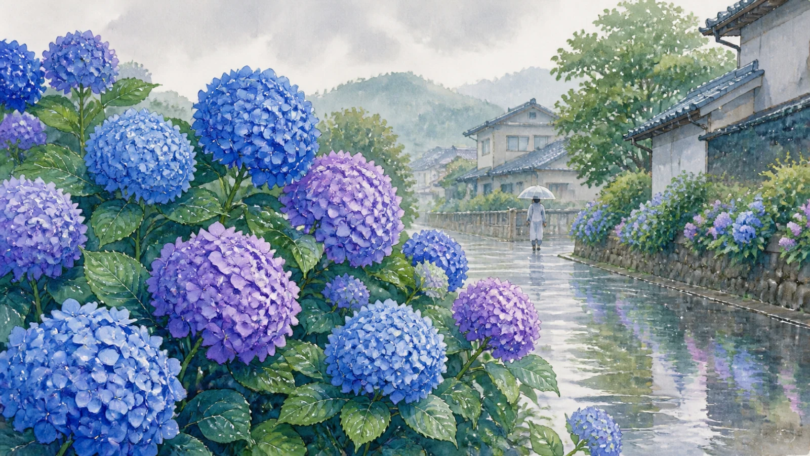 梅雨の雨が降る日本の町で、青や紫のアジサイが咲く様子を描いたイラスト