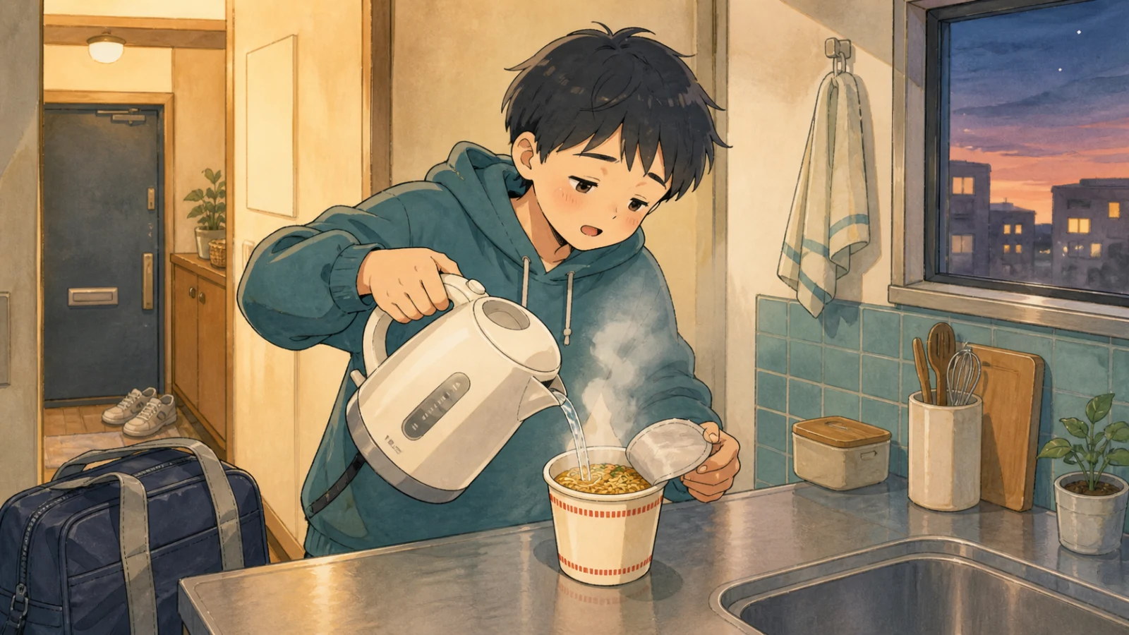 学校から帰った学生が、台所でカップラーメンにお湯を注ぐイラスト