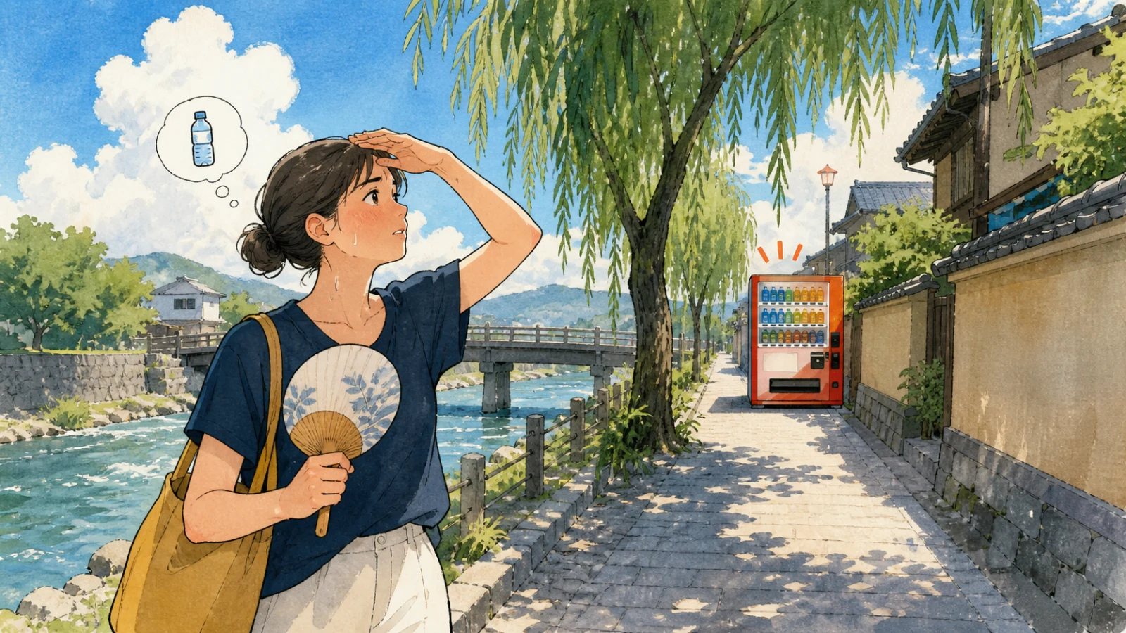 暑い日に川沿いを歩き、ようやく飲み物の自動販売機を見つけて喜ぶ人のイラスト
