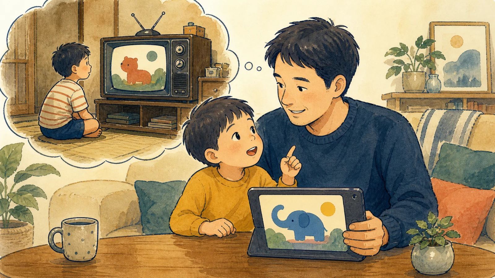 子ども向けの安全な動画を見る息子と、子どものころはテレビを見ていたと話す父のイラスト
