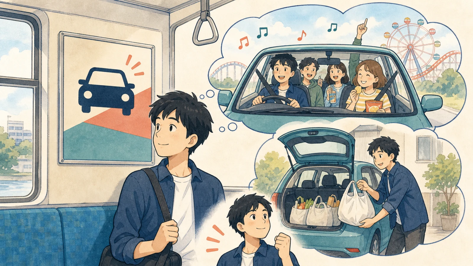 電車内の自動車教習所の広告を見て、友達とのドライブや買い物を想像する人のイラスト