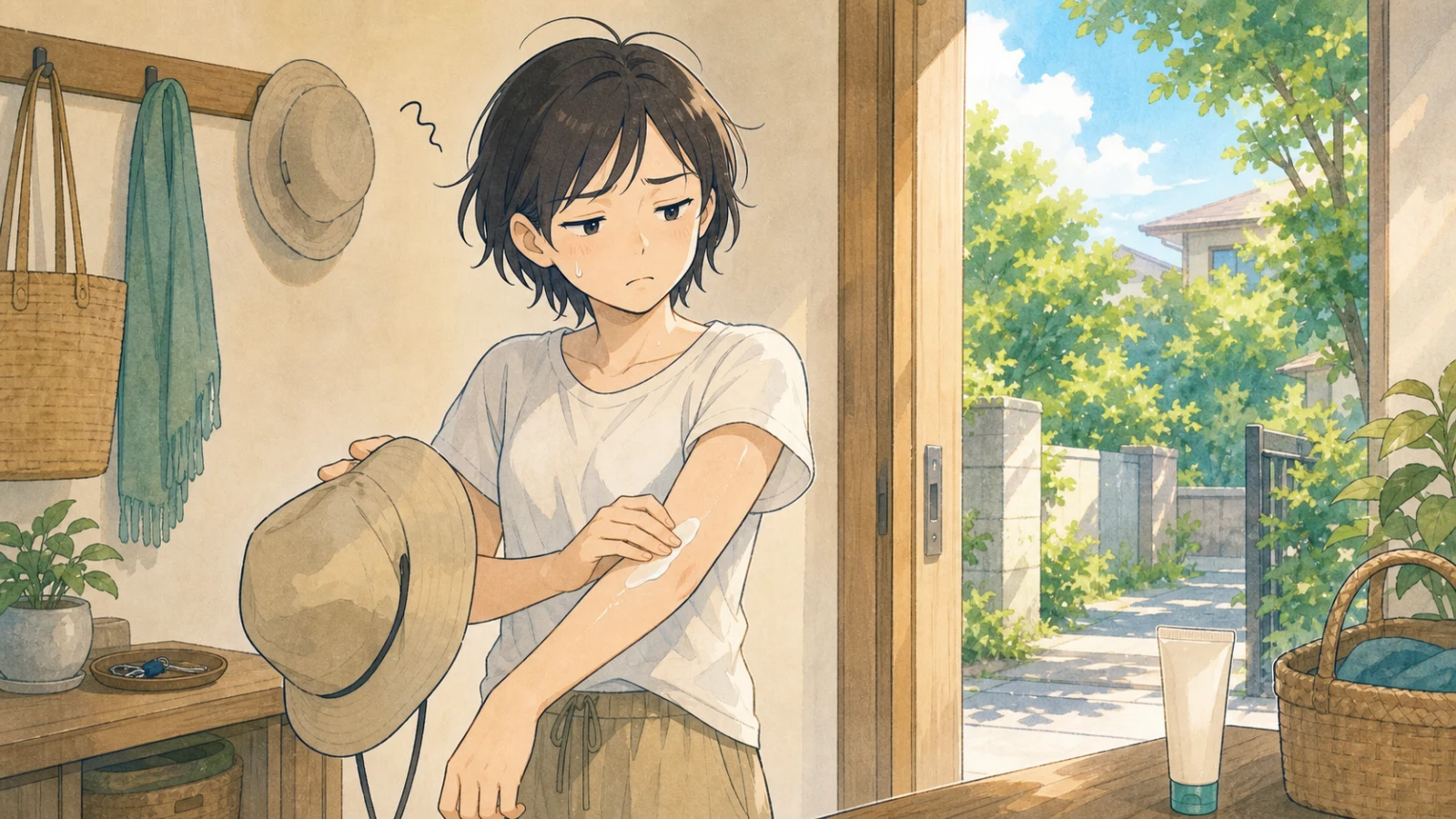 暑い夏の日、外出前に帽子を持って腕に日焼け止めを塗る人のイラスト