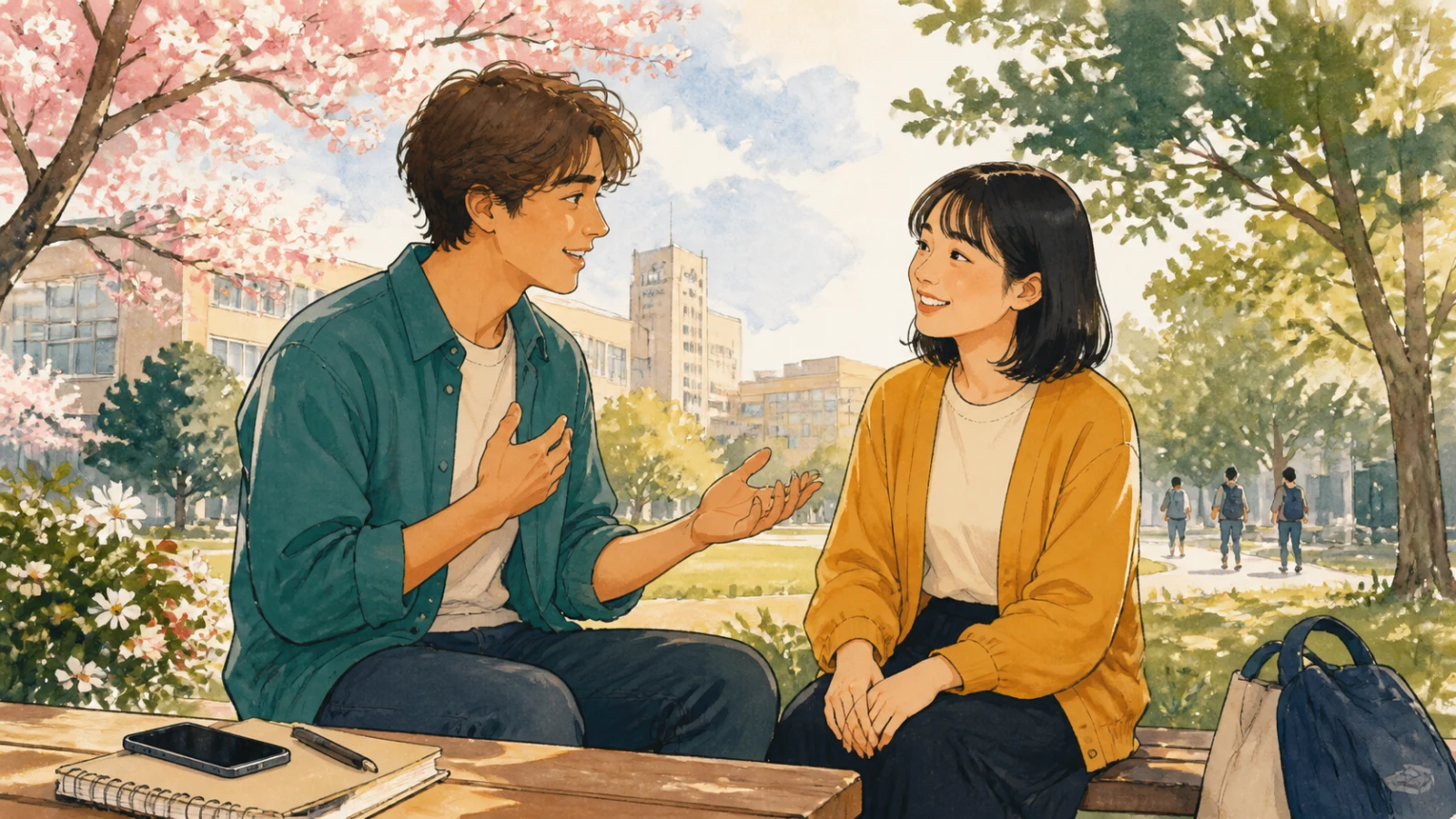 翻訳アプリのスマートフォンを置き、自分の言葉で好きな人と話す日本語学習者のイラスト