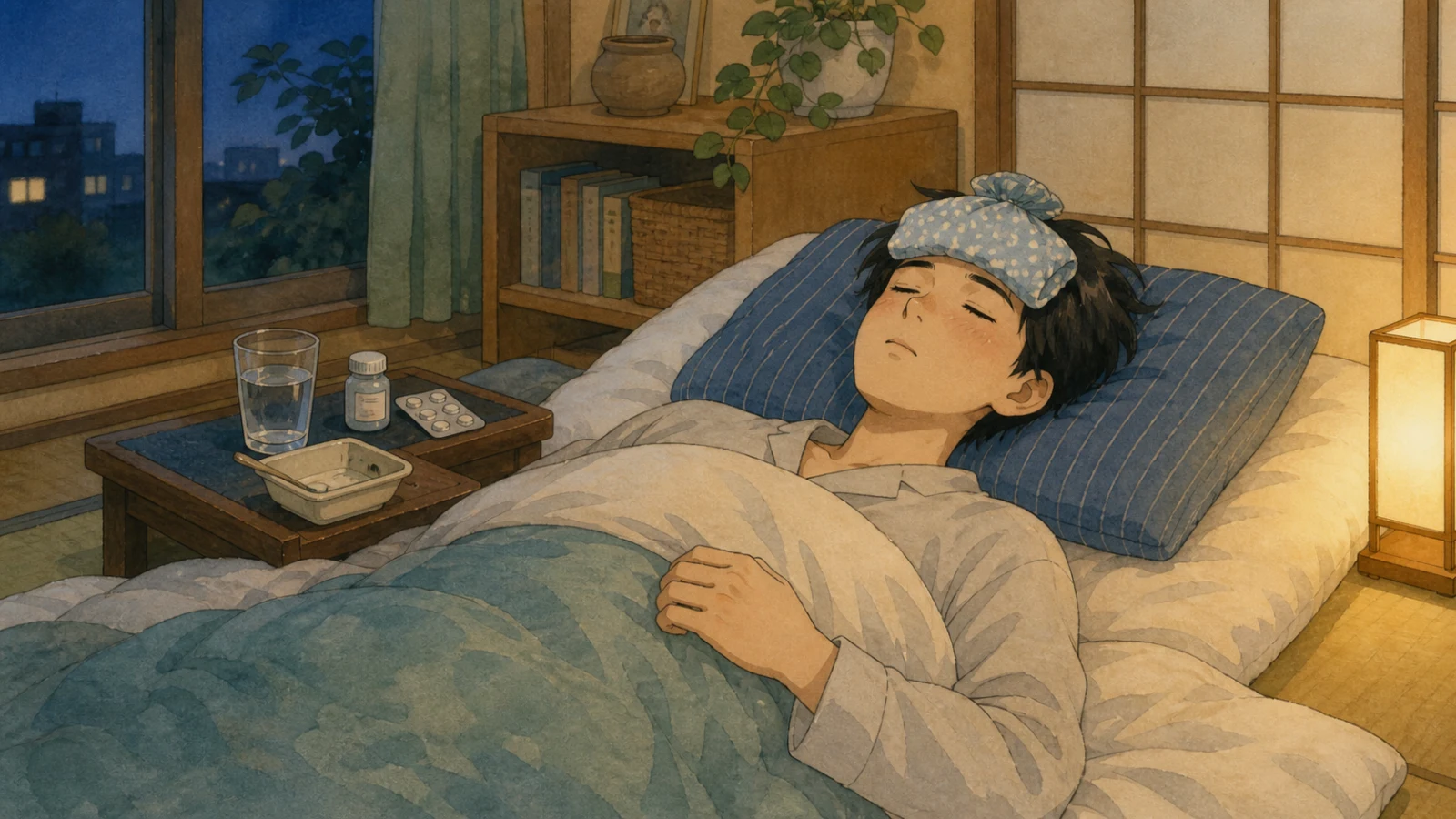 仕事から帰り、冷たい枕を頭にのせて布団で休む発熱中の人のイラスト