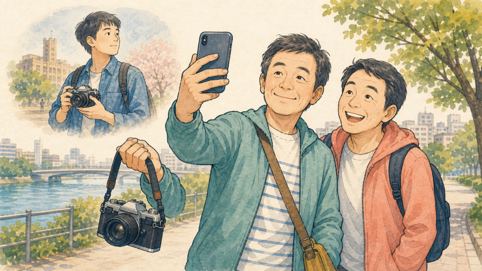 昔使っていた重いカメラを持ちながら、現在は友人とスマホで自撮りを楽しむ男性のイラスト