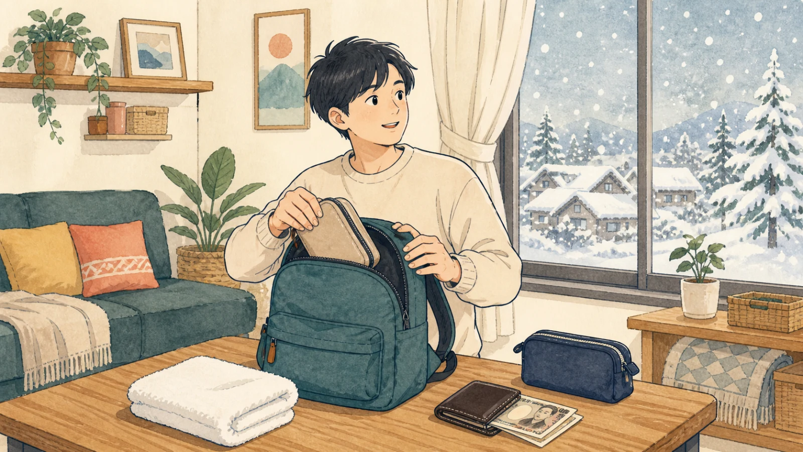 雪の週末を楽しみに、少ない荷物と現金を準備する人のイラスト
