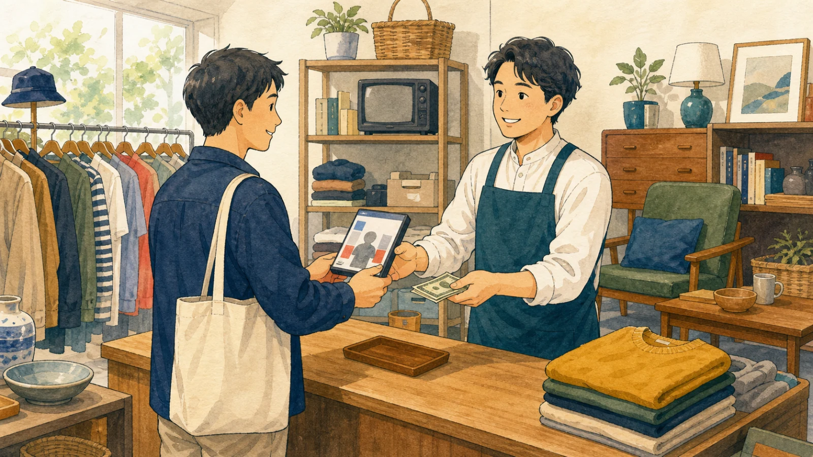 服や家具が並ぶリサイクルショップで、使わなくなったゲームを店員に買い取ってもらう人のイラスト