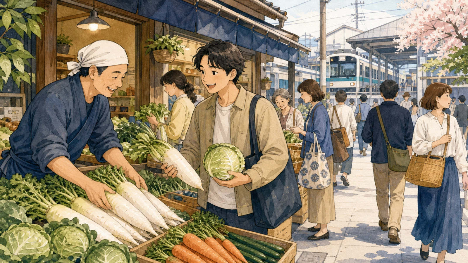 駅の近くの小さな八百屋で、大根とキャベツを買う人とにぎやかな店先のイラスト