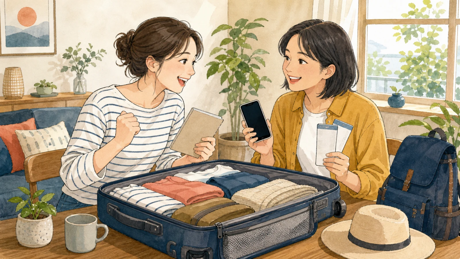 旅行前日に、服や電話や切符などの準備を確認する二人のイラスト