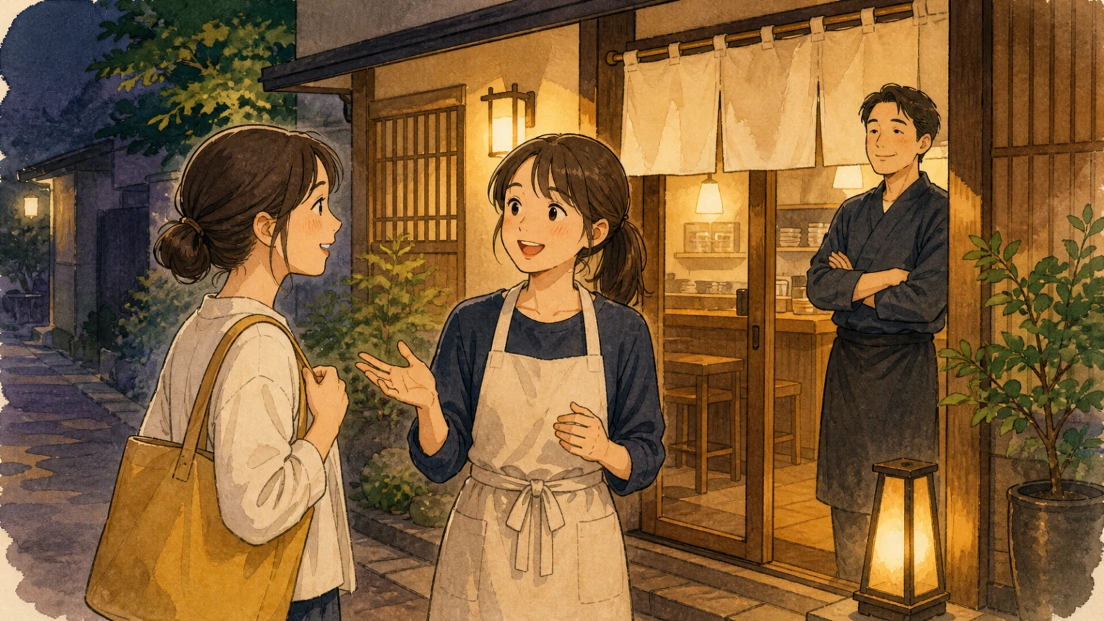 新しいアルバイト先の店の前で、働きやすさを友人に話す店員のイラスト