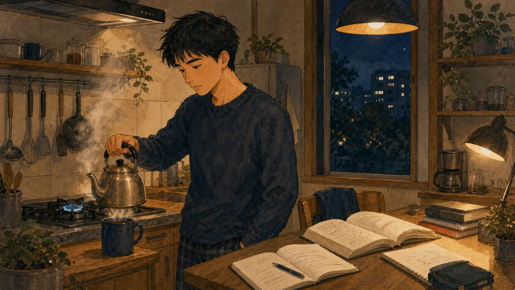 男性のいちろうが、勉強を続けるためキッチンでお湯を沸かすイラスト