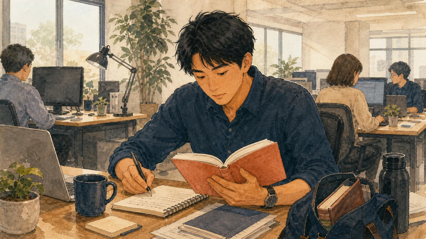 男性のけんじが、仕事の合間にも本を読んで勉強を続けるイラスト