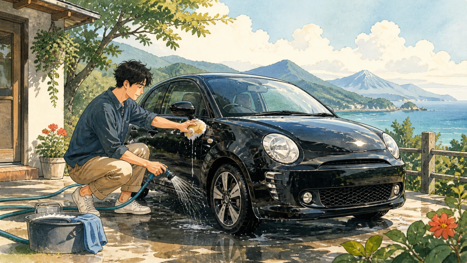山と海を望む家の前で、大切な黒い車をホースとスポンジで洗う人のイラスト