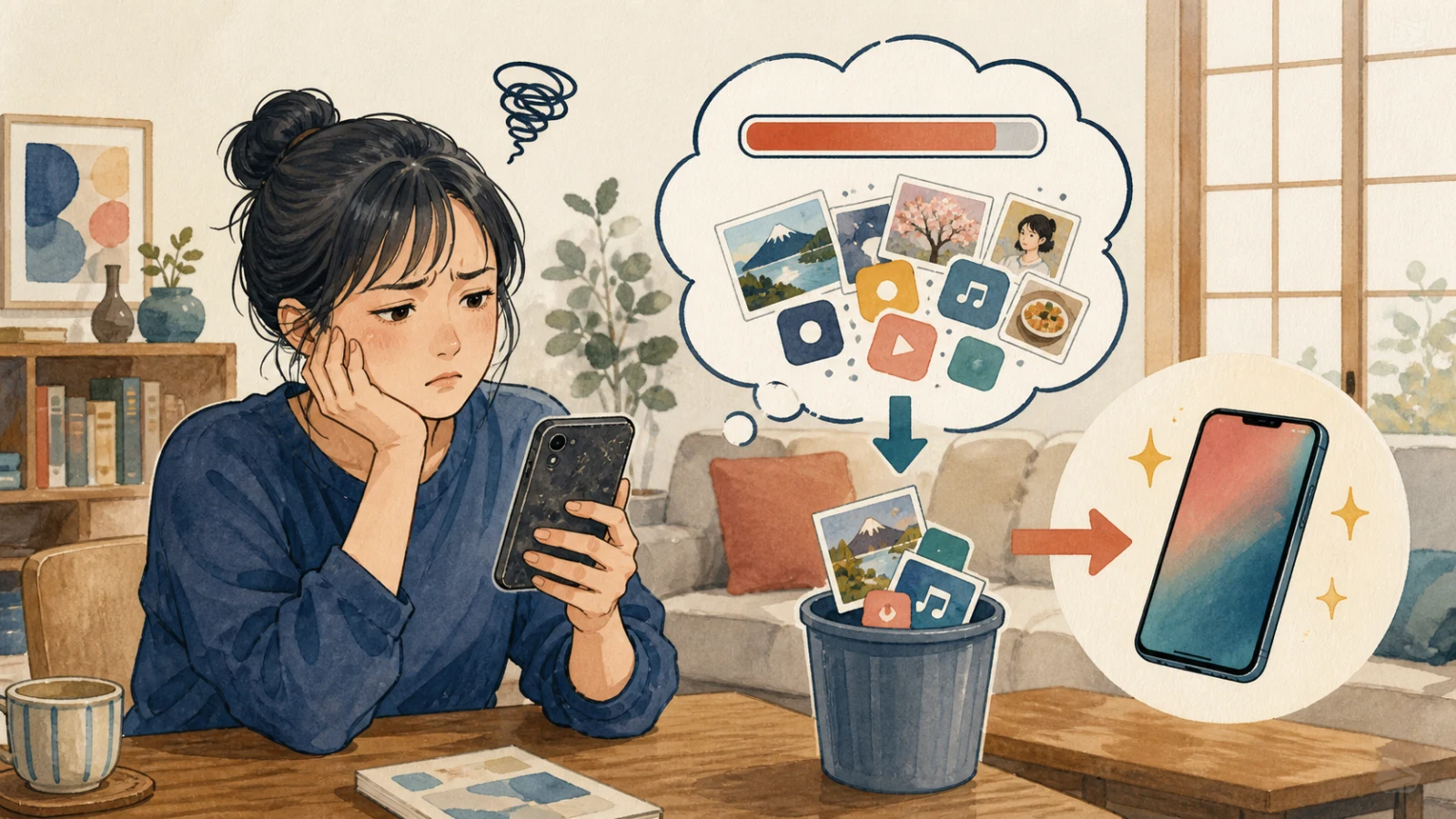 古く容量の少ないスマートフォンに困り、新しい電話を望む人のイラスト
