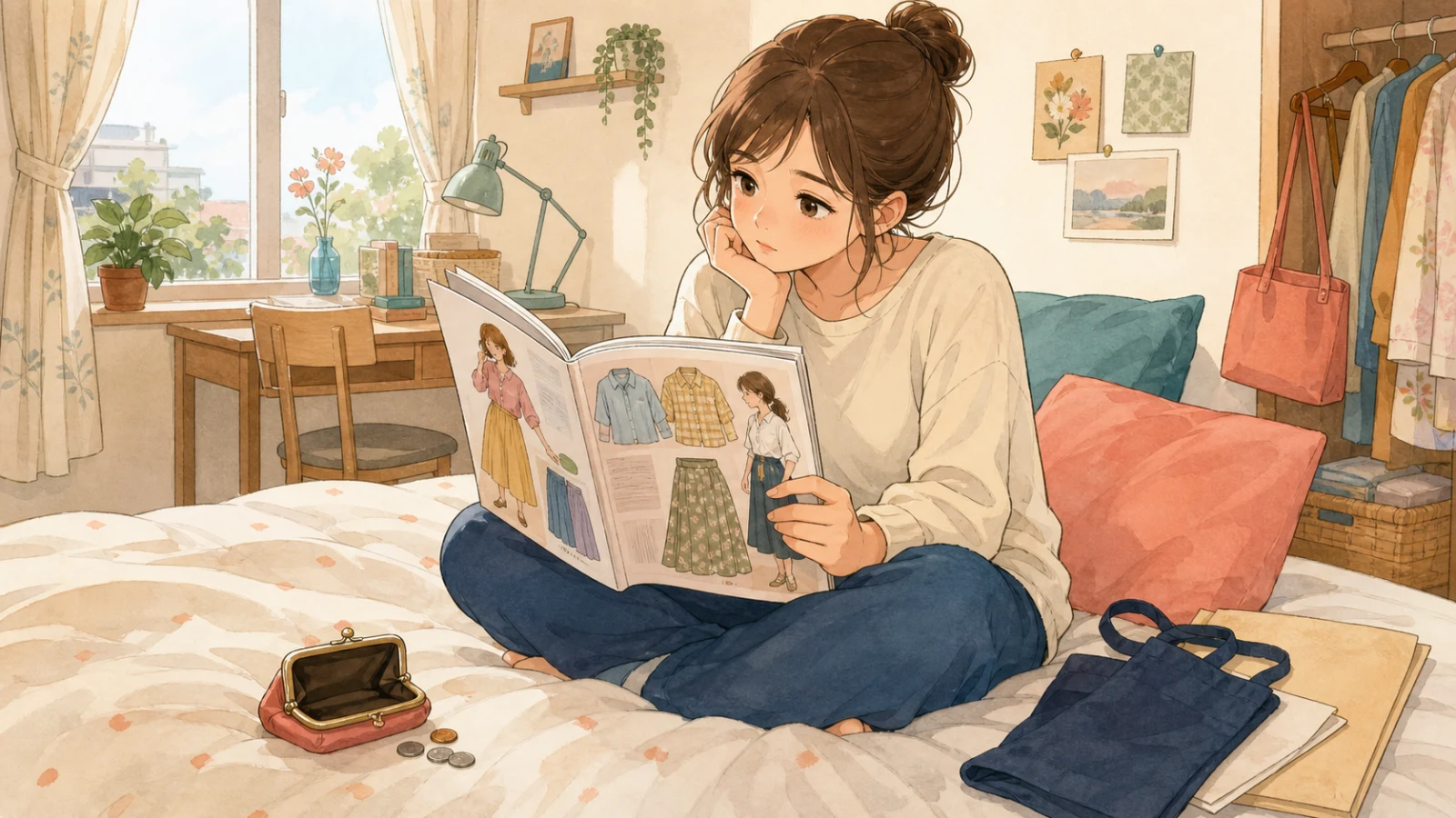 ベッドの上でファッション雑誌を読み、空の財布を見ながら服を買うためのアルバイトを考えるミサのイラスト