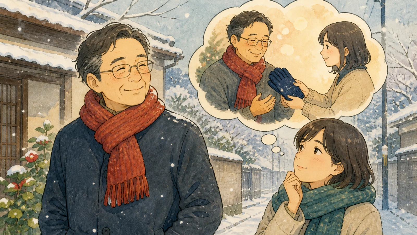 手編みの赤いマフラーを着けた父と、次の贈り物に手袋を考える子のイラスト