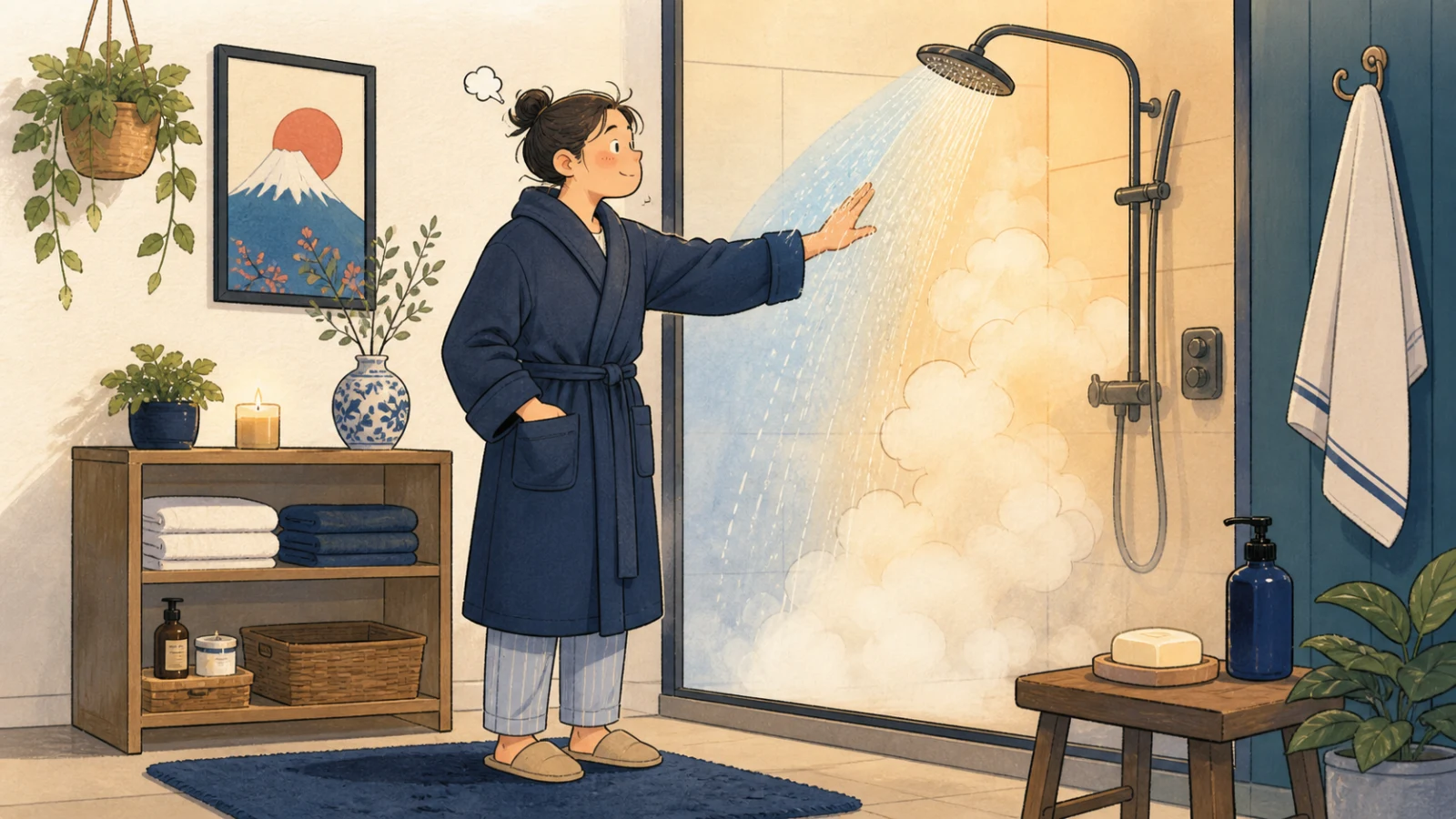冬の浴室で、シャワーの冷たい水がお湯になるまで待つ人のイラスト
