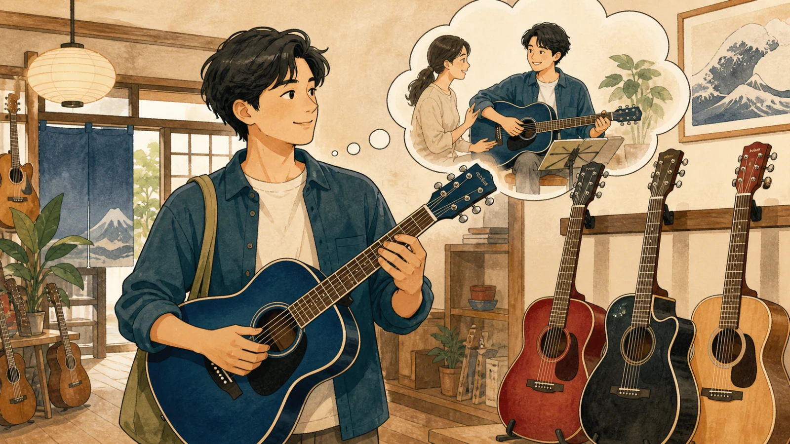 楽器店で青いギターを選び、これから教室に通うことを楽しみにする人のイラスト