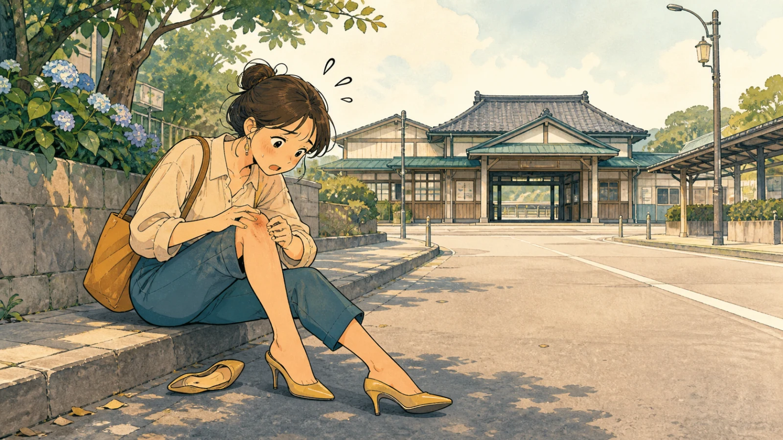 駅へ急ぐ途中で転び、膝の軽いけがを確かめるユキコのイラスト