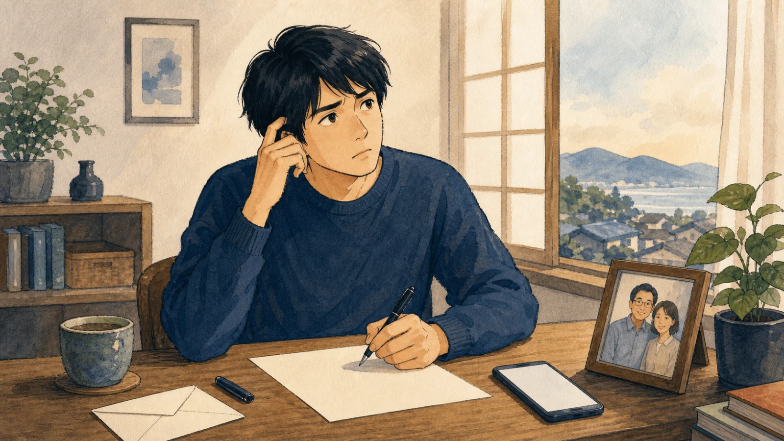 遠くに住む両親へ久しぶりに手紙を書き、漢字を思い出そうとする人のイラスト
