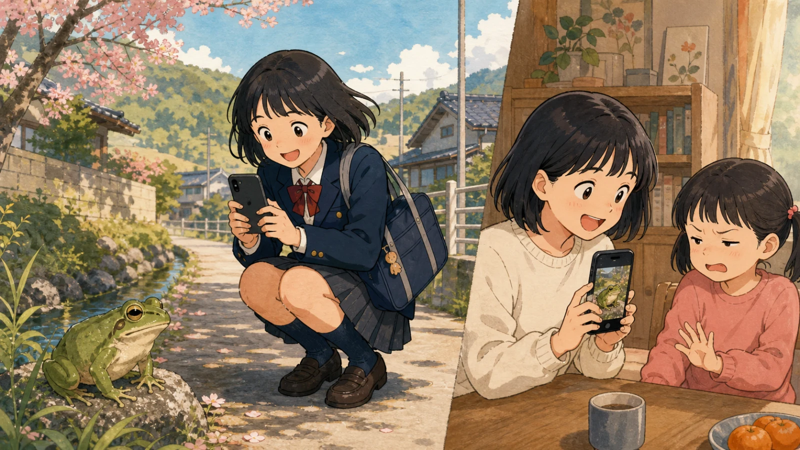 帰り道で見つけた大きな緑のカエルを撮影し、妹に写真を見せる学生のイラスト