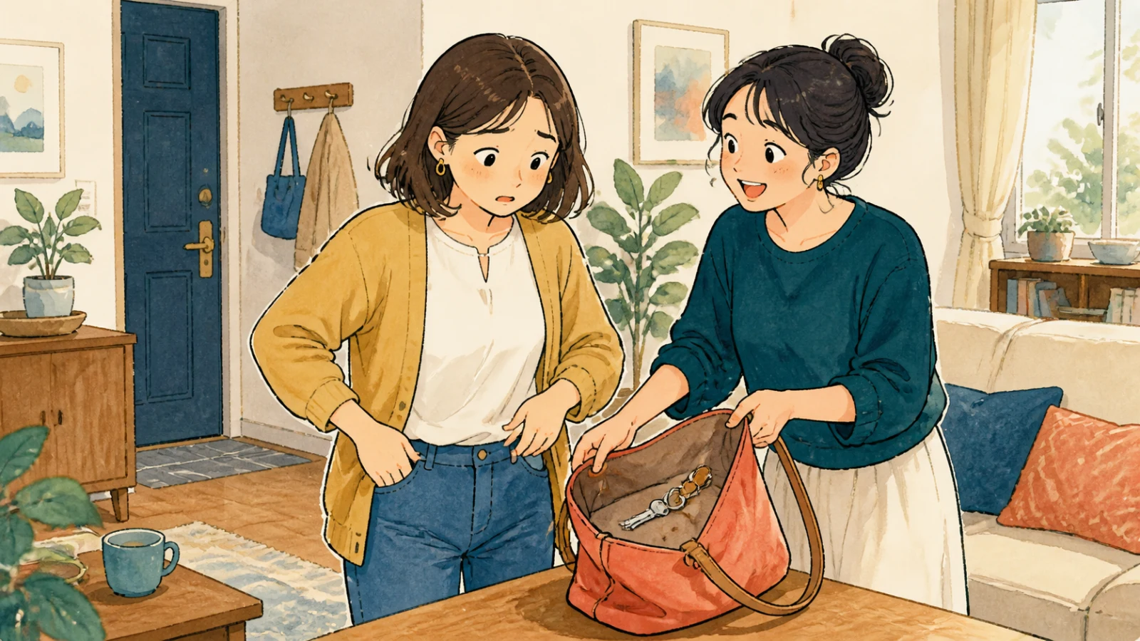 なくしたと思った家の鍵を、友人と一緒にかばんの中で見つける場面のイラスト