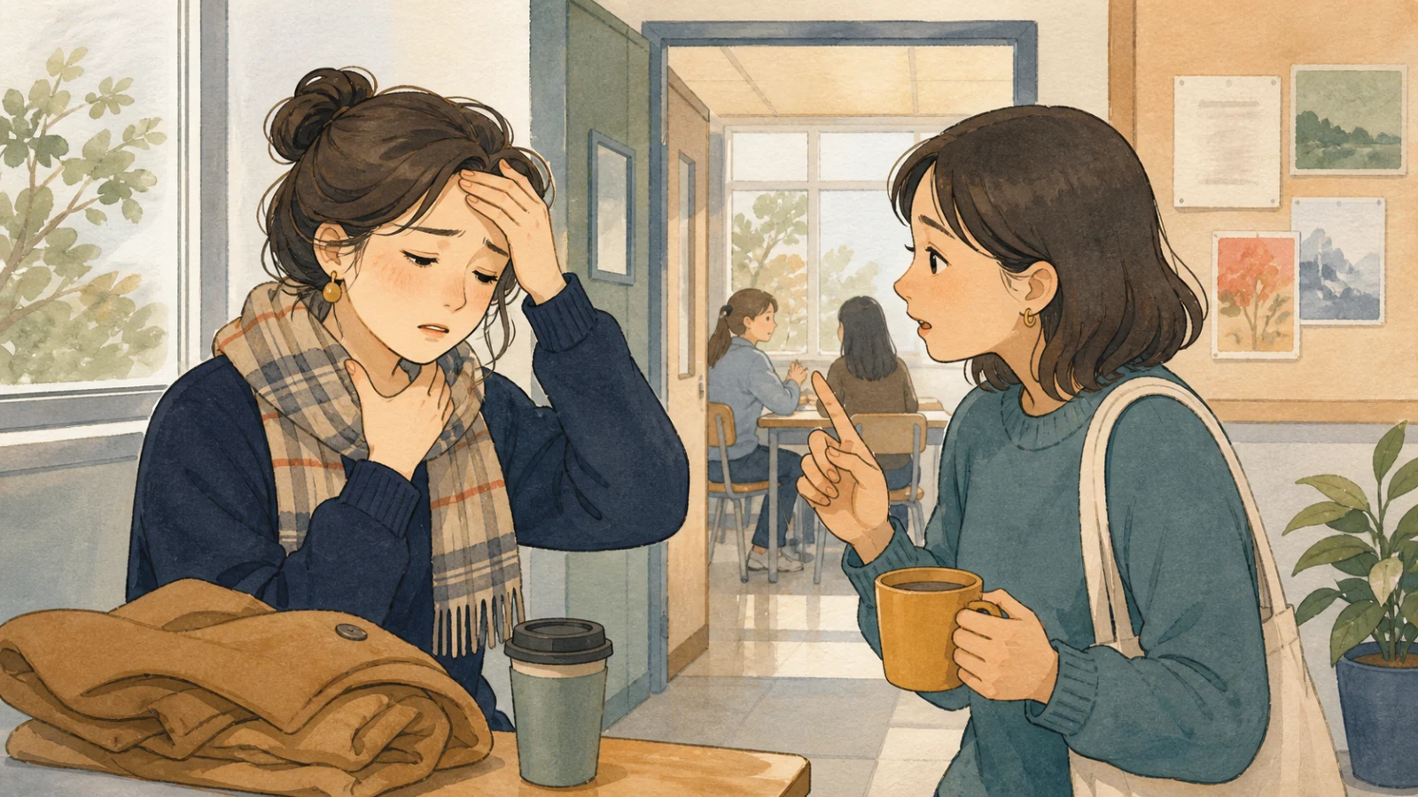 頭とのどの痛みを訴える友人に、早く休むよう勧める人のイラスト