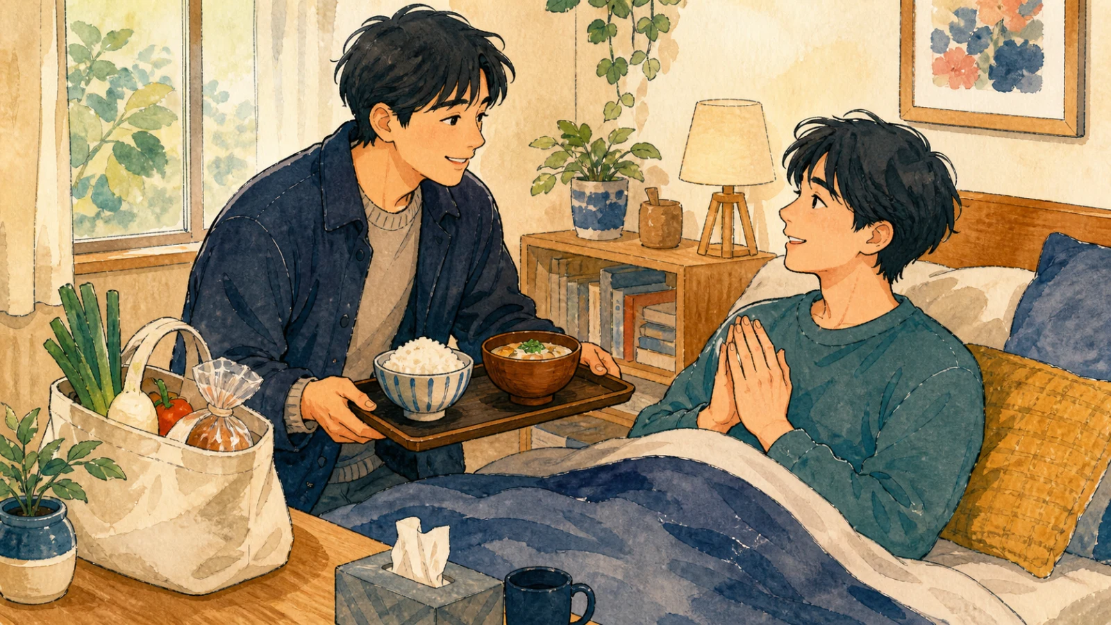 風邪で休む友人を訪ね、買い物と温かい食事で助けるケンさんのイラスト