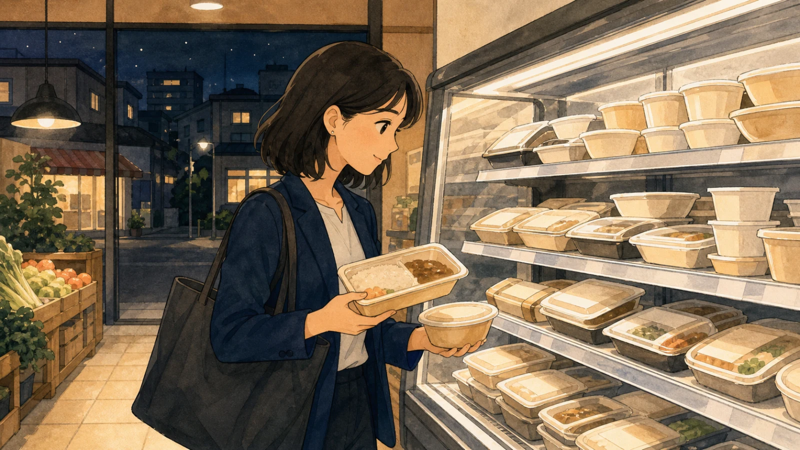 仕事帰りの夜、近所のスーパーで弁当を選ぶ会社員のイラスト