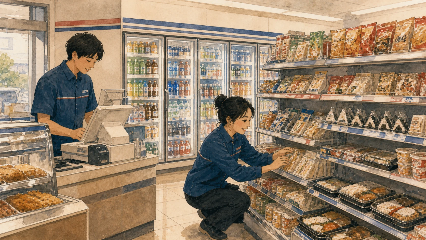 明るく現代的なコンビニで、弁当や飲み物を並べて働く店員のイラスト