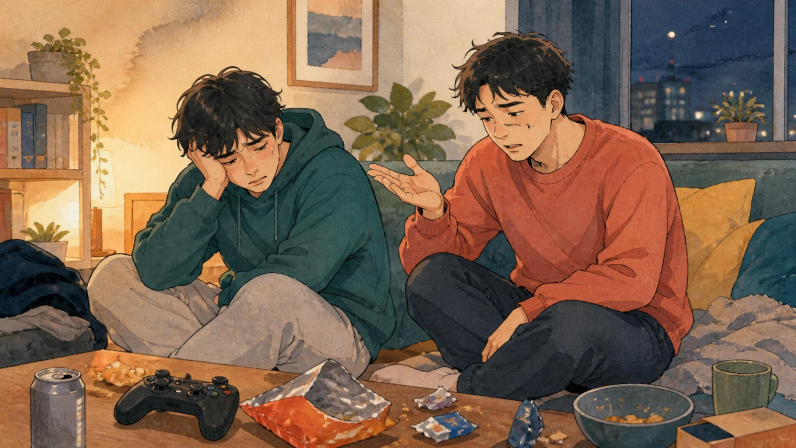 試験前にゲームをしてしまい、もっと勉強すればよかったと後悔する二人のイラスト