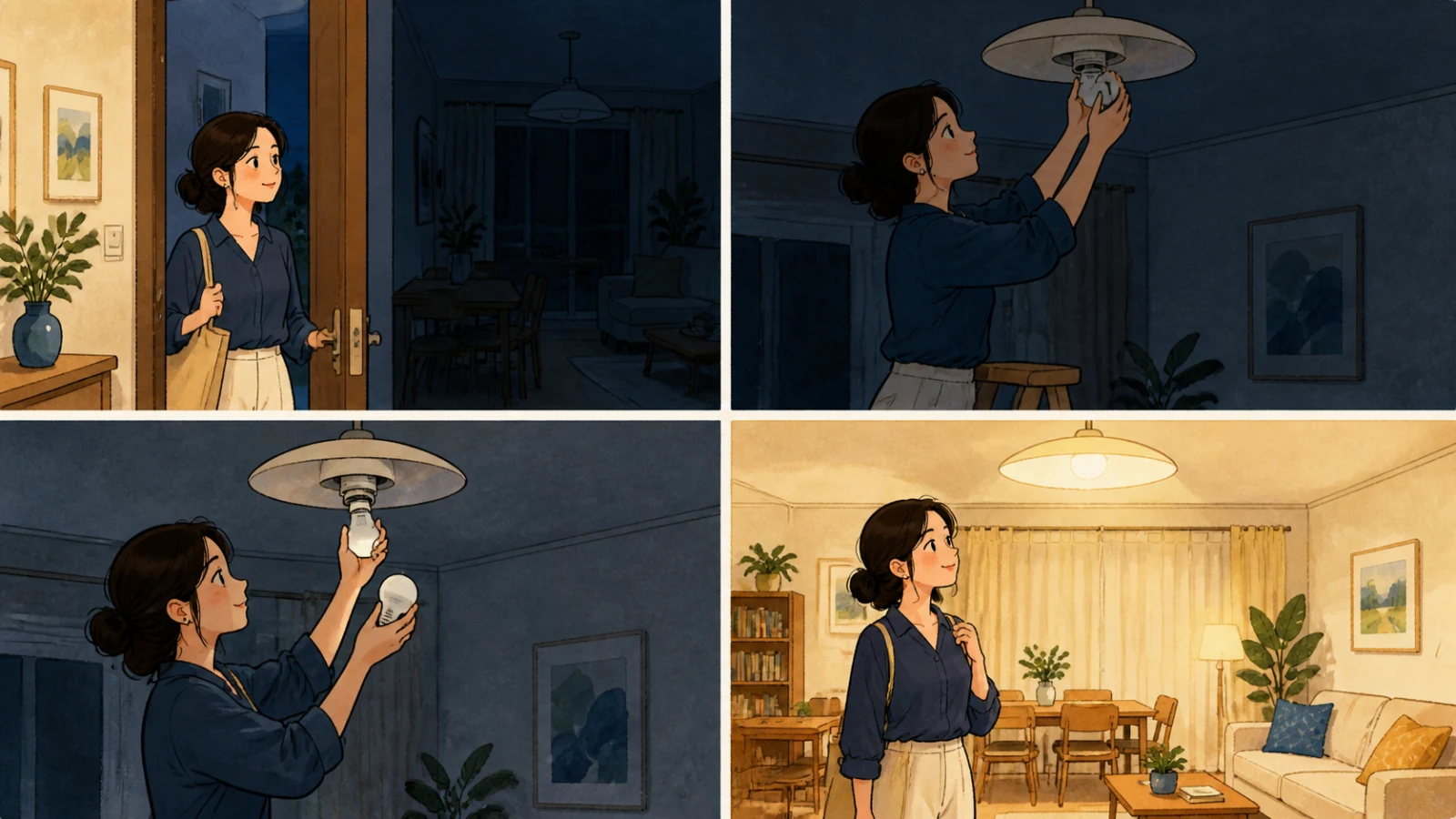切れた電球を安全に交換し、明るくなった部屋で喜ぶ女性のイラスト