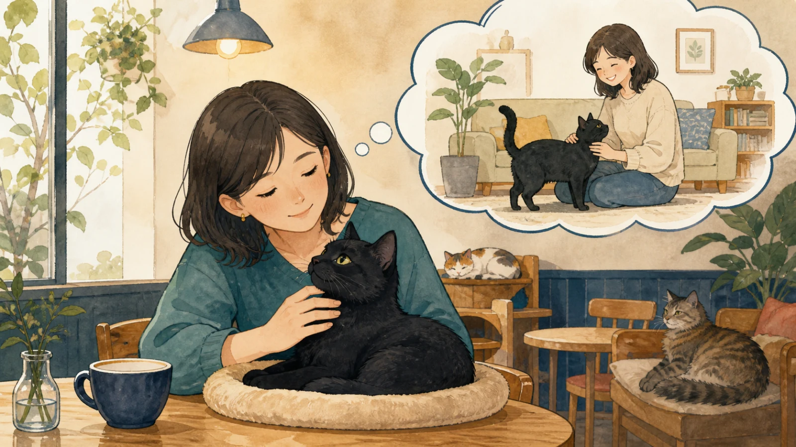 猫カフェで黒猫と触れ合い、いつか家で飼うことを思い描く女性のイラスト