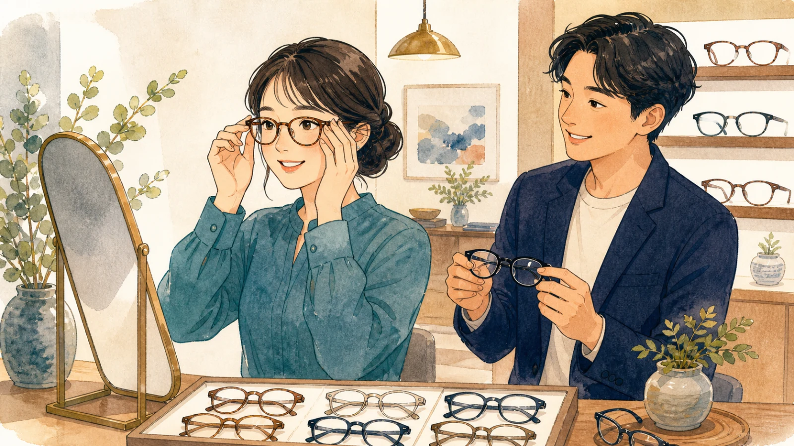 眼鏡店でいくつかのフレームを試し、見え方を確かめる二人のイラスト