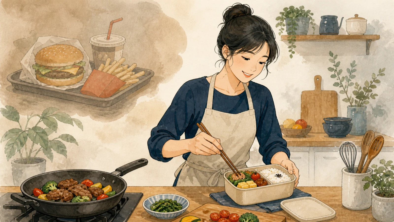 ファストフード中心の食生活をやめ、肉と野菜を料理して弁当を作る人のイラスト