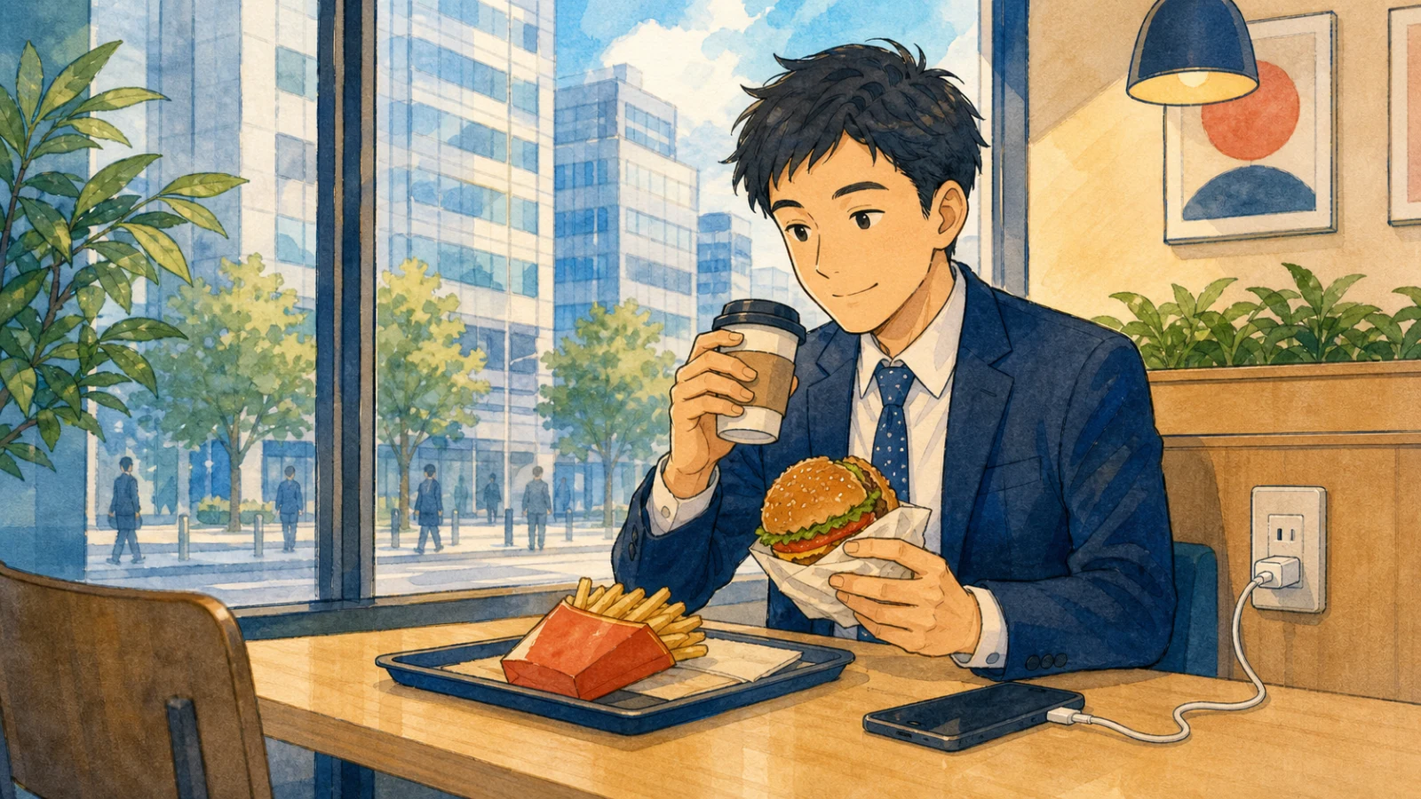 会社近くのファストフード店で、昼休みにハンバーガーとコーヒーを楽しみながらスマートフォンを充電する会社員のイラスト