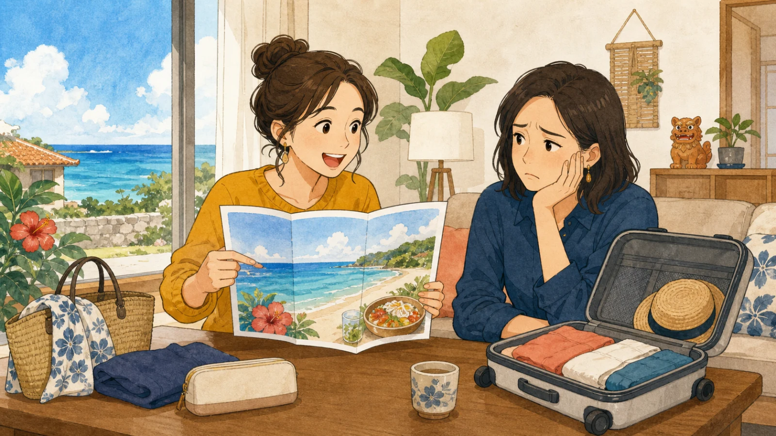 沖縄の海と料理が描かれた案内を見ながら旅行について話す二人のイラスト