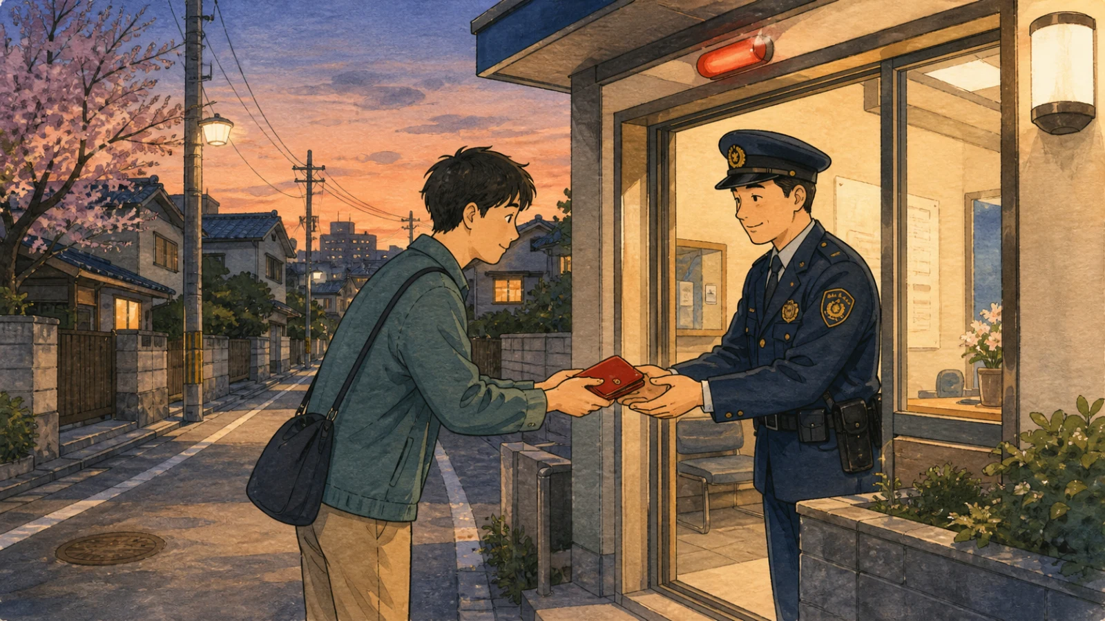 夕方の道で見つけた赤い財布を、交番の警察官に届ける人のイラスト