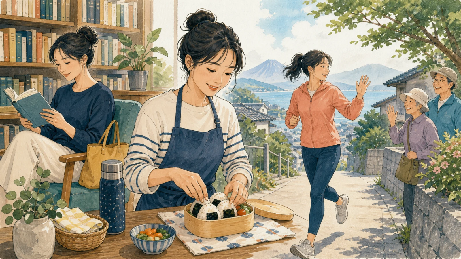 図書館を利用し、おにぎりの弁当を作り、外を走って楽しく節約する女性のイラスト
