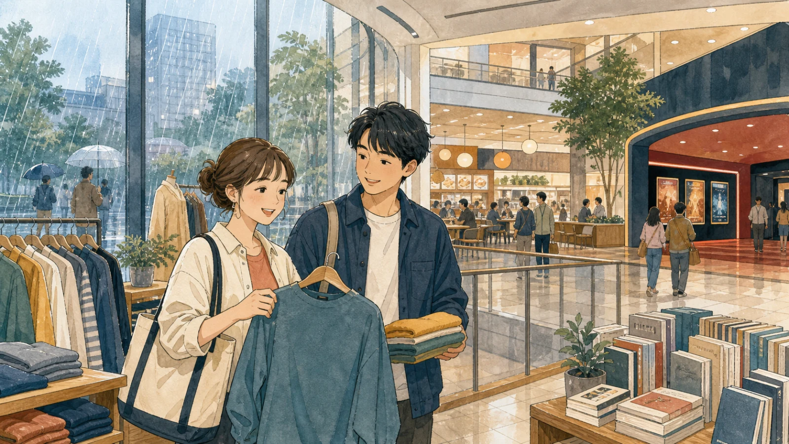 雨の週末にショッピングモールで服や本、食事や映画を楽しむ二人のイラスト