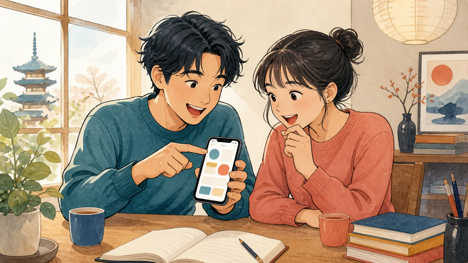スマートフォンの学習アプリで漢字を勉強し、便利さを共有する二人のイラスト