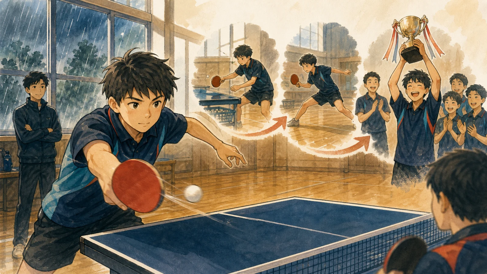 雨の日も体育館で卓球を練習し、大会で勝てるまで上達した中学生のイラスト